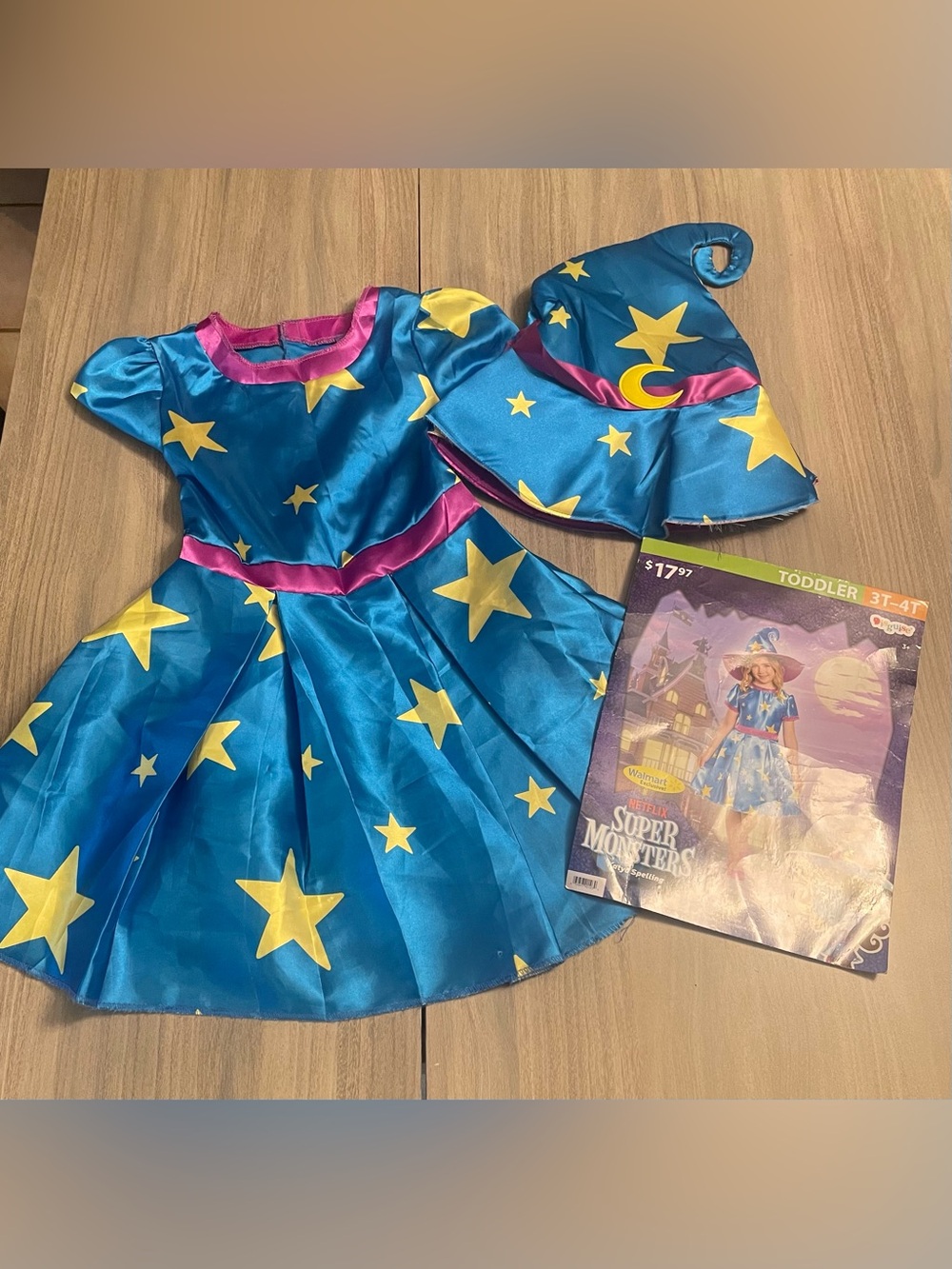 Super Monsters Katya Spelling Costume Girls Size 3T-4T Blue Star Witch Dress Hat